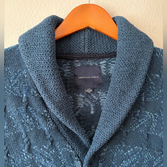 American Eagle Men’s Chunky Knit Shawl Collar Grandpa Cardigan Teal Blue Large - Picture 5 of 9